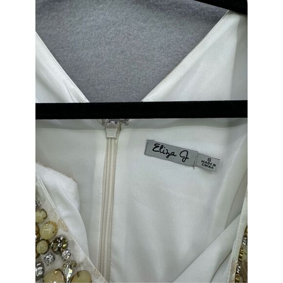 Eliza J. Gold Cream Jewel Embellished Jacquard Floral Fit & Flare Dress Size 6 - Picture 13 of 15